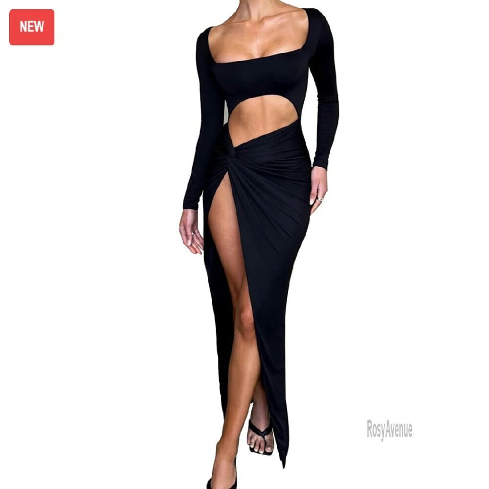 Long Sleeve Square Neck Maxi Dress with High Slit & Twist Knot